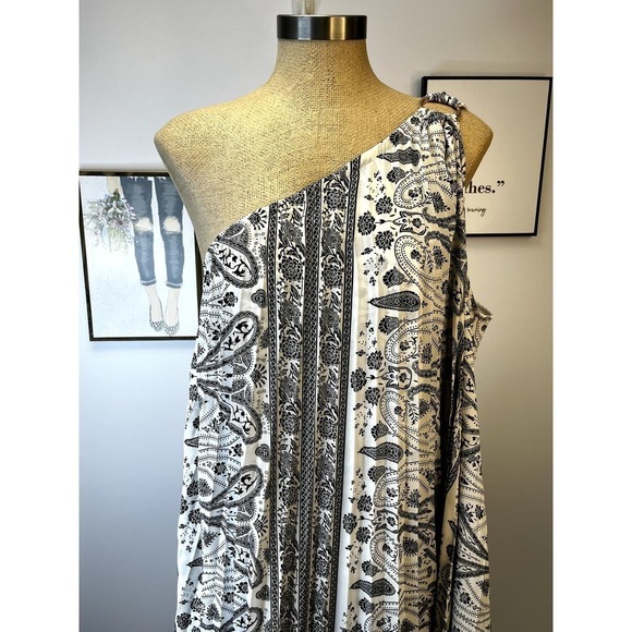 Lane Bryant Black‎ and White Pleated Paisley One Shoulder Maxi Dress SZ 22 - Picture 6 of 15